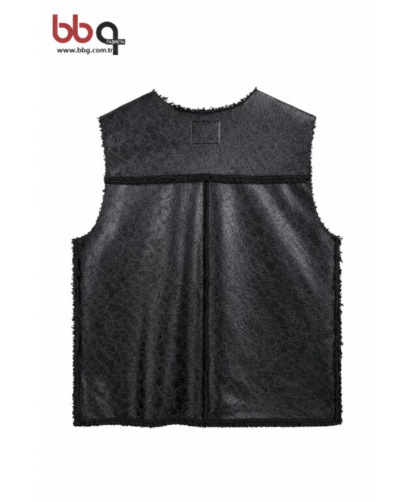 BAYAN BÜYÜK BEDEN GENİŞ KALIP CEP DETAYLI DERİ YELEK