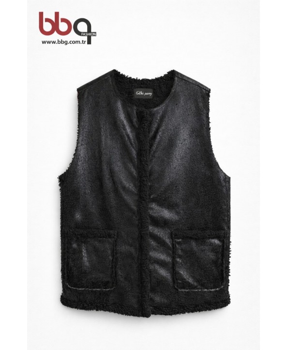BAYAN BÜYÜK BEDEN GENİŞ KALIP CEP DETAYLI DERİ YELEK