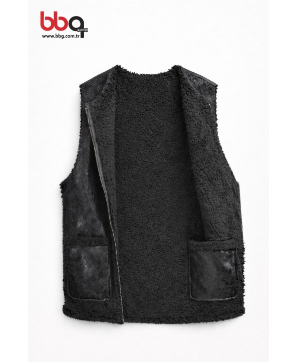 BAYAN BÜYÜK BEDEN GENİŞ KALIP CEP DETAYLI DERİ YELEK