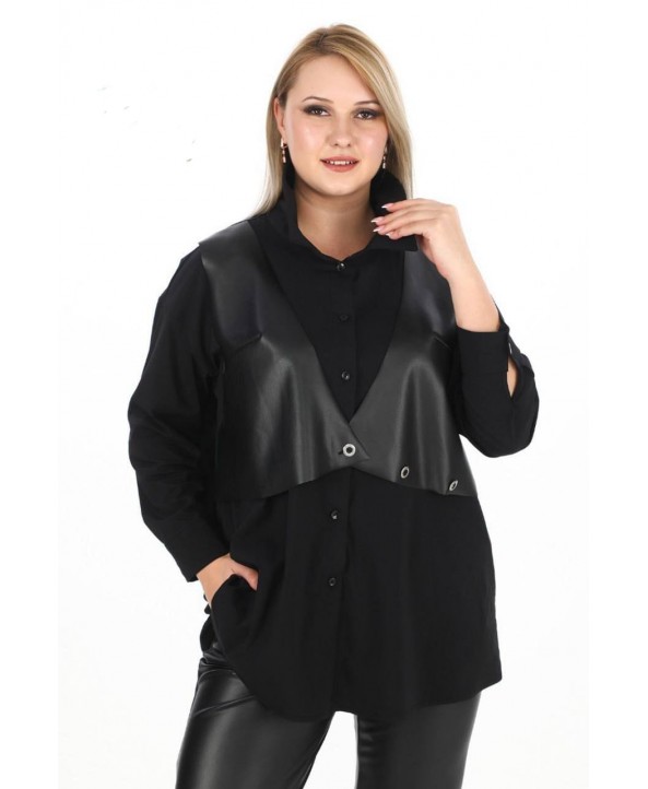 BAYAN BÜYÜK BEDEN GENİŞ KALIP DERİ YELEK DETAYLI GÖMLEK