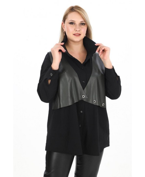 BAYAN BÜYÜK BEDEN GENİŞ KALIP DERİ YELEK DETAYLI GÖMLEK