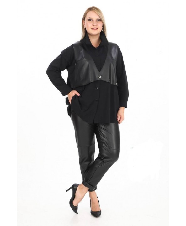 BAYAN BÜYÜK BEDEN GENİŞ KALIP DERİ YELEK DETAYLI GÖMLEK