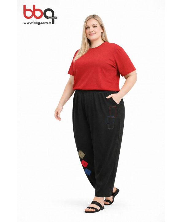  BAYAN BÜYÜK BEDEN GENİŞ KALIP BELİ LASTİKLİ SİYAH TEK ALT