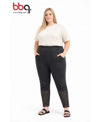 BAYAN BÜYÜK BEDEN GENİŞ KALIP YÜKSEK BEL LİKRALI PAÇA LEOPAR DESEN PANTOLON