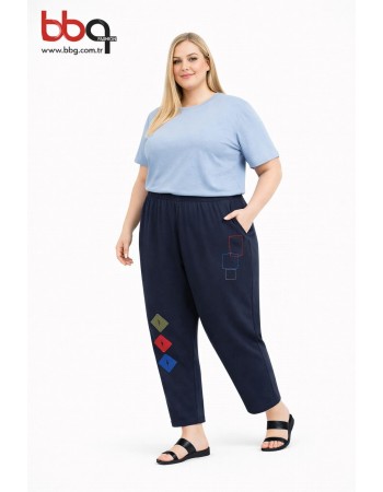 BAYAN BÜYÜK BEDEN GENİŞ KALIP BELİ LASTİKLİ LACİVERT TEK ALT