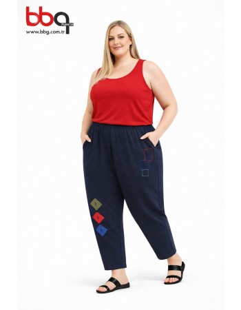 BAYAN BÜYÜK BEDEN GENİŞ KALIP BELİ LASTİKLİ LACİVERT TEK ALT
