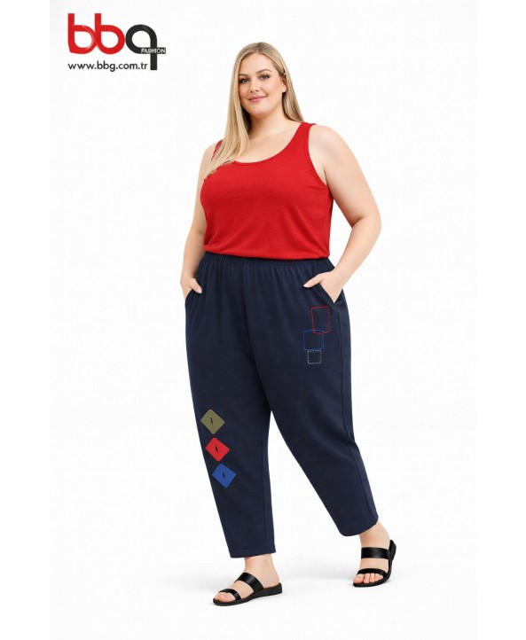 BAYAN BÜYÜK BEDEN GENİŞ KALIP BELİ LASTİKLİ LACİVERT TEK ALT