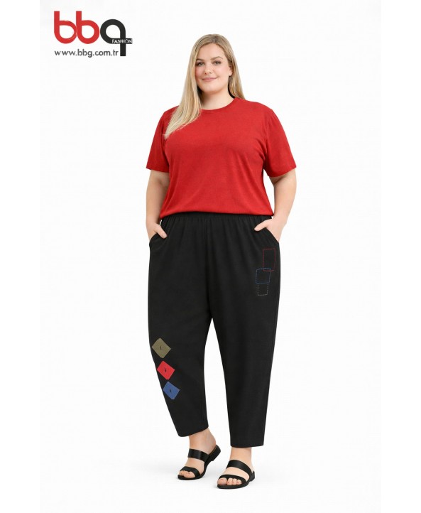  BAYAN BÜYÜK BEDEN GENİŞ KALIP BELİ LASTİKLİ SİYAH TEK ALT