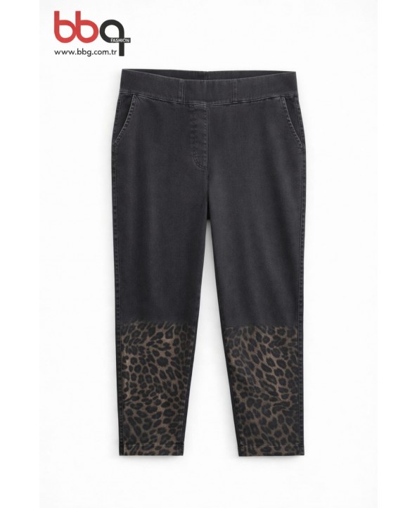 BAYAN BÜYÜK BEDEN GENİŞ KALIP YÜKSEK BEL LİKRALI PAÇA LEOPAR DESEN PANTOLON