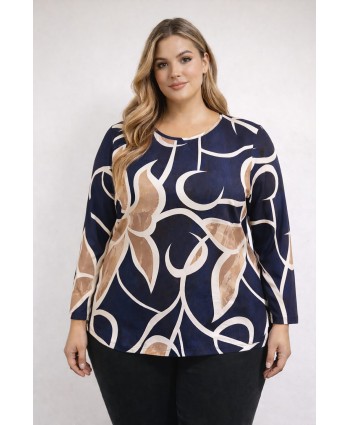 BAYAN BÜYÜK BEDEN GENİŞ KALIP YUVARLAK YAKA DESENLİ BLUZ