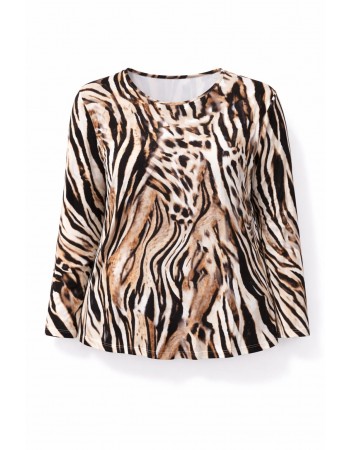 BAYAN BÜYÜK BEDEN GENİŞ KALIP YUVARLAK YAKA DESENLİ BLUZ-1