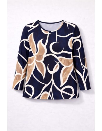 BAYAN BÜYÜK BEDEN GENİŞ KALIP YUVARLAK YAKA DESENLİ BLUZ