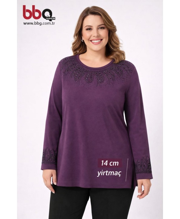 BAYAN BÜYÜK BEDEN GENİŞ KALIP TAŞ DETAYLI  TRİKO PENYE BLUZ -M