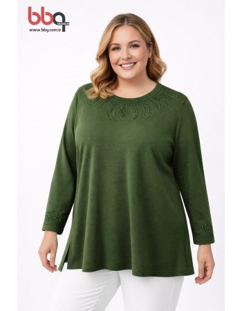 BAYAN BÜYÜK BEDEN GENİŞ KALIP TAŞ DETAYLI TRİKO PENYE BLUZ -Y