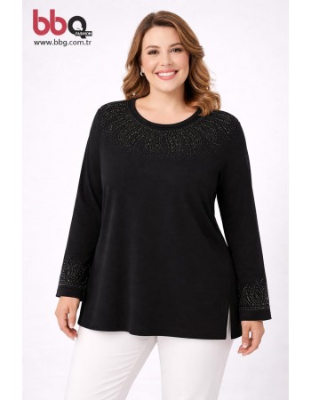 BAYAN BÜYÜK BEDEN GENİŞ KALIP TAŞ DETAYLI TRİKO PENYE BLUZ -S