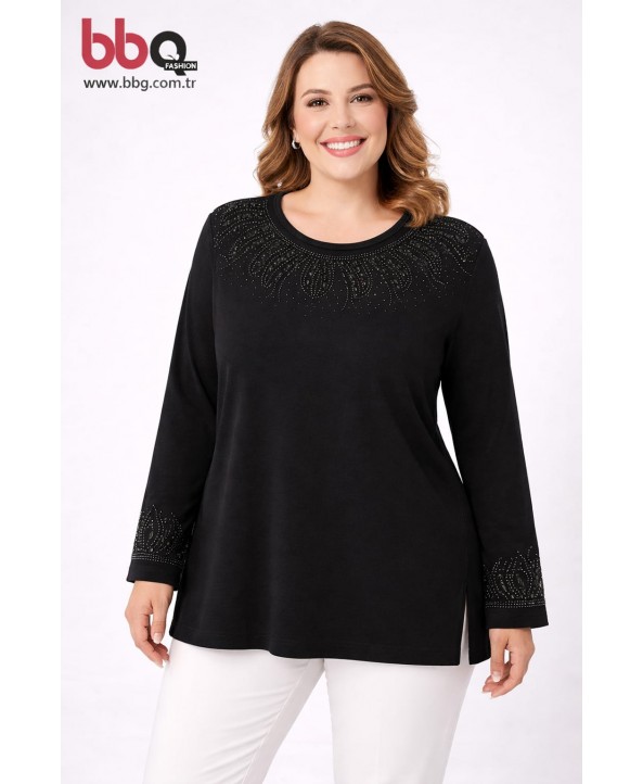 BAYAN BÜYÜK BEDEN GENİŞ KALIP TAŞ DETAYLI TRİKO PENYE BLUZ -S