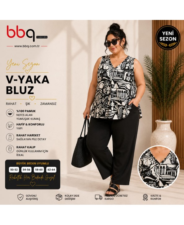BAYAN BÜYÜK BEDEN GENİŞ KALIP V YAKA DESENLİ BLUZ