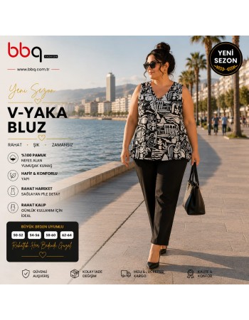 BAYAN BÜYÜK BEDEN GENİŞ KALIP V YAKA DESENLİ BLUZ