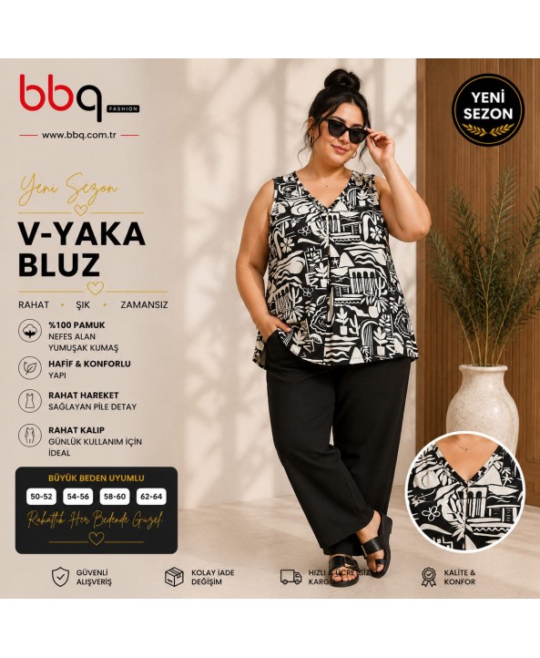 BAYAN BÜYÜK BEDEN GENİŞ KALIP V YAKA DESENLİ BLUZ