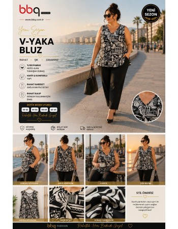 BAYAN BÜYÜK BEDEN GENİŞ KALIP V YAKA DESENLİ BLUZ