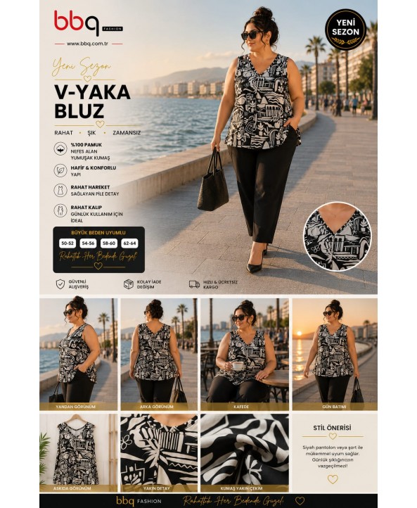BAYAN BÜYÜK BEDEN GENİŞ KALIP V YAKA DESENLİ BLUZ