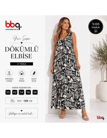 BAYAN BÜYÜK BEDEN GENİŞ KALIP ASKILI DESENLİ ELBİSE