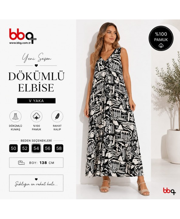 BAYAN BÜYÜK BEDEN GENİŞ KALIP ASKILI DESENLİ ELBİSE