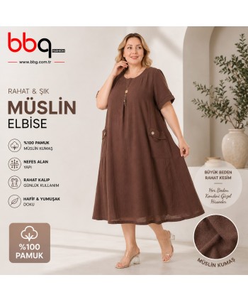  BAYAN BÜYÜK BEDEN GENİŞ KALIP %100 PAMUK MÜSLİN KETEN KUMAŞ ELBİSE-K