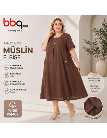  BAYAN BÜYÜK BEDEN GENİŞ KALIP %100 PAMUK MÜSLİN KETEN KUMAŞ ELBİSE-K
