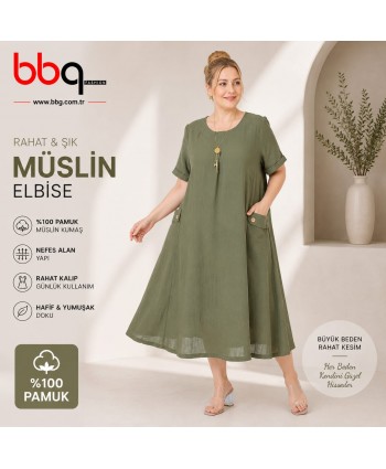 BAYAN BÜYÜK BEDEN GENİŞ KALIP %100 PAMUK MÜSLİN KETEN KUMAŞ ELBİSE-Y