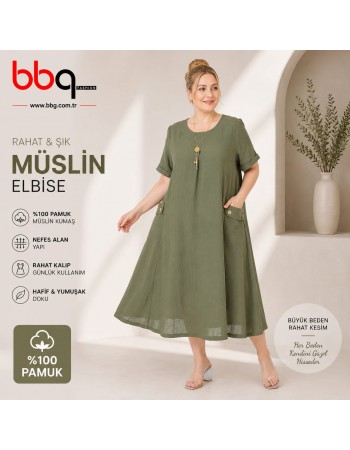 BAYAN BÜYÜK BEDEN GENİŞ KALIP %100 PAMUK MÜSLİN KETEN KUMAŞ ELBİSE-Y
