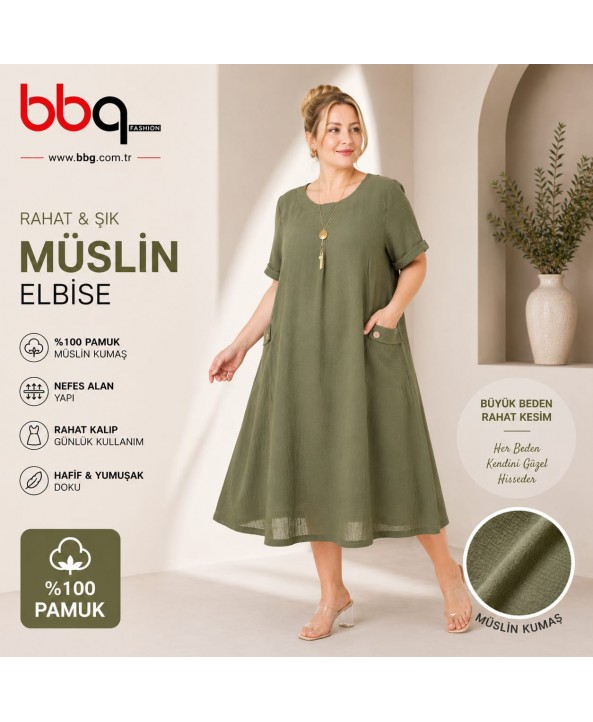 BAYAN BÜYÜK BEDEN GENİŞ KALIP %100 PAMUK MÜSLİN KETEN KUMAŞ ELBİSE-Y