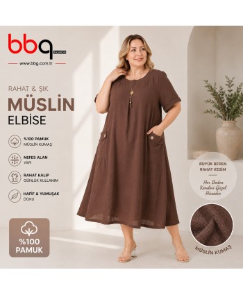 BAYAN BÜYÜK BEDEN GENİŞ KALIP %100 PAMUK MÜSLİN KETEN KUMAŞ ELBİSE-K