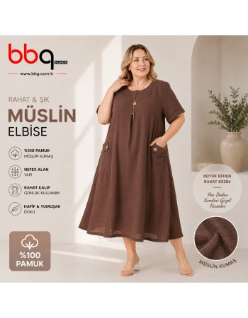  BAYAN BÜYÜK BEDEN GENİŞ KALIP %100 PAMUK MÜSLİN KETEN KUMAŞ ELBİSE-K