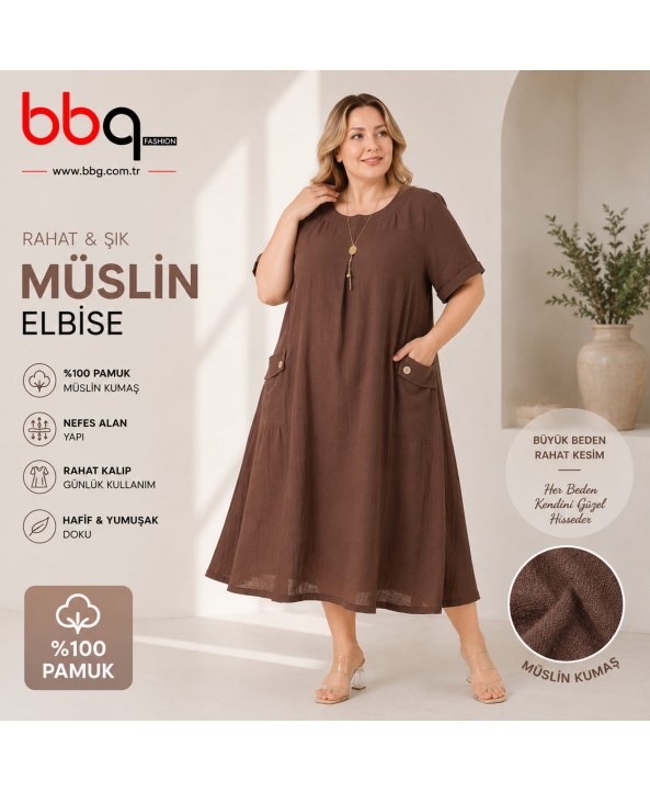  BAYAN BÜYÜK BEDEN GENİŞ KALIP %100 PAMUK MÜSLİN KETEN KUMAŞ ELBİSE-K