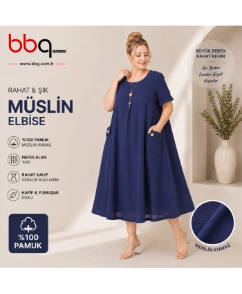 BAYAN BÜYÜK BEDEN GENİŞ KALIP %100 PAMUK MÜSLİN KETEN KUMAŞ ELBİSE-L