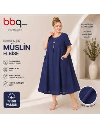 BAYAN BÜYÜK BEDEN GENİŞ KALIP %100 PAMUK MÜSLİN KETEN KUMAŞ ELBİSE-L