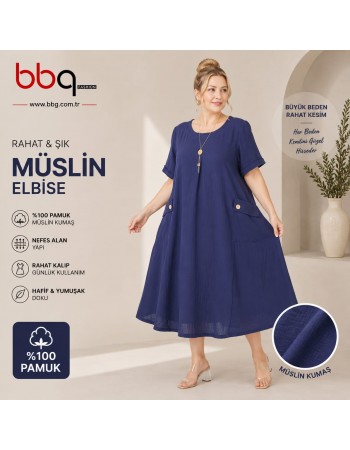 BAYAN BÜYÜK BEDEN GENİŞ KALIP %100 PAMUK MÜSLİN KETEN KUMAŞ ELBİSE-L