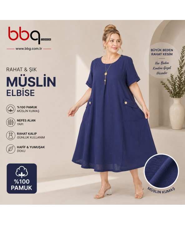 BAYAN BÜYÜK BEDEN GENİŞ KALIP %100 PAMUK MÜSLİN KETEN KUMAŞ ELBİSE-L