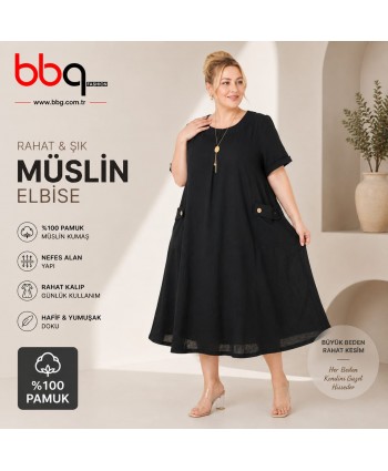 BAYAN BÜYÜK BEDEN GENİŞ KALIP %100 PAMUK MÜSLİN KETEN KUMAŞ ELBİSE-S