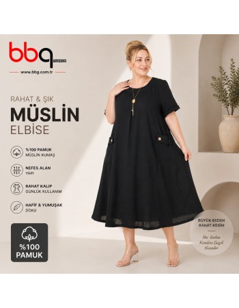 BAYAN BÜYÜK BEDEN GENİŞ KALIP %100 PAMUK MÜSLİN KETEN KUMAŞ ELBİSE-S