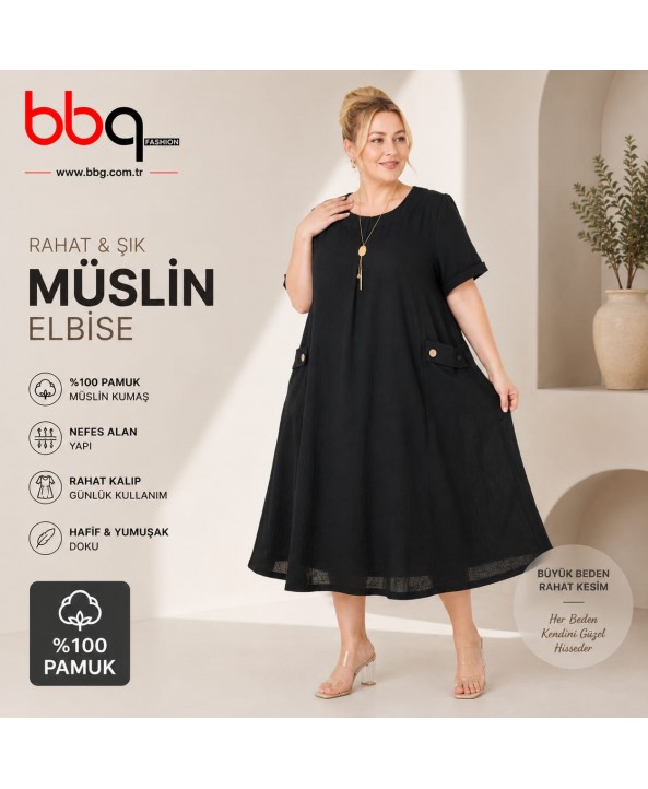 BAYAN BÜYÜK BEDEN GENİŞ KALIP %100 PAMUK MÜSLİN KETEN KUMAŞ ELBİSE-S