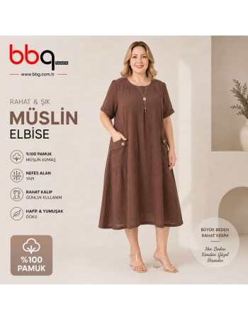  BAYAN BÜYÜK BEDEN GENİŞ KALIP %100 PAMUK MÜSLİN KETEN KUMAŞ ELBİSE-K
