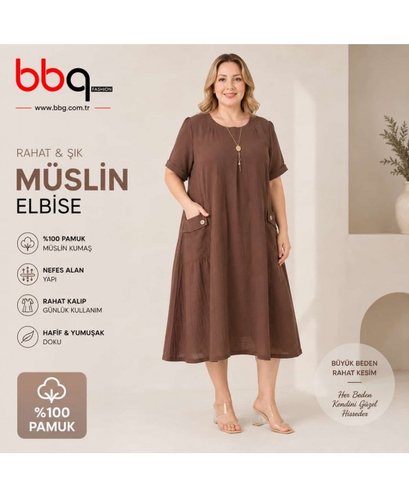  BAYAN BÜYÜK BEDEN GENİŞ KALIP %100 PAMUK MÜSLİN KETEN KUMAŞ ELBİSE-K