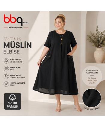 BAYAN BÜYÜK BEDEN GENİŞ KALIP %100 PAMUK MÜSLİN KETEN KUMAŞ ELBİSE-S