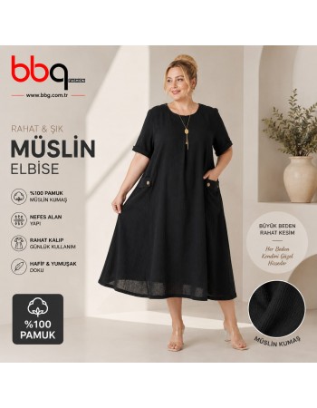 BAYAN BÜYÜK BEDEN GENİŞ KALIP %100 PAMUK MÜSLİN KETEN KUMAŞ ELBİSE-S