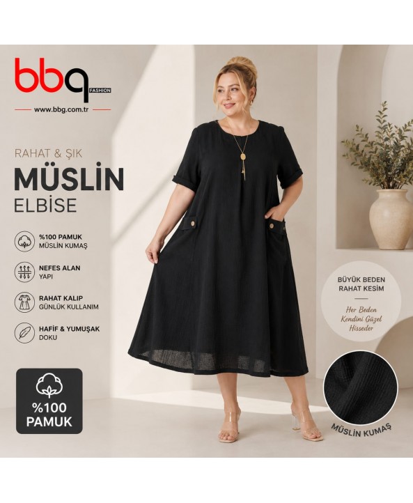 BAYAN BÜYÜK BEDEN GENİŞ KALIP %100 PAMUK MÜSLİN KETEN KUMAŞ ELBİSE-S