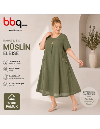 BAYAN BÜYÜK BEDEN GENİŞ KALIP %100 PAMUK MÜSLİN KETEN KUMAŞ ELBİSE-Y