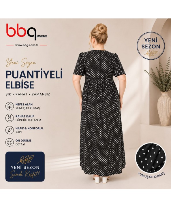 BAYAN BÜYÜK BEDEN GENİŞ KALIP ÖNÜ DÜĞMELİ PUANTİYELİ UZUN ELBİSE-S