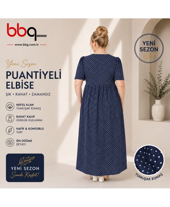  BAYAN BÜYÜK BEDEN GENİŞ KALIP ÖNÜ DÜĞMELİ PUANTİYELİ UZUN ELBİSE-L